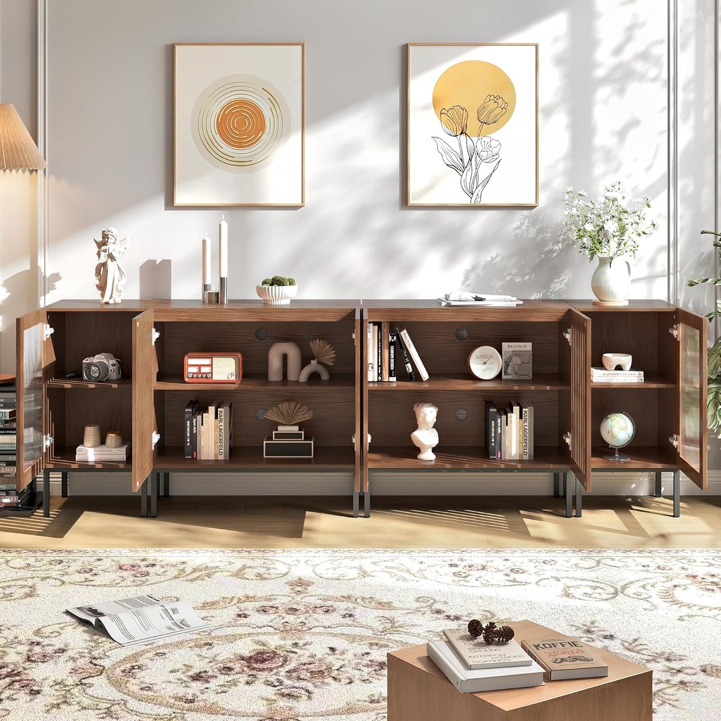 Farmhouse TV Stand for TVs up to 100 Inch, Entertainment Center TV Console with Storage Cabinets and Glass Doors,Media Console for Living Room,Brown