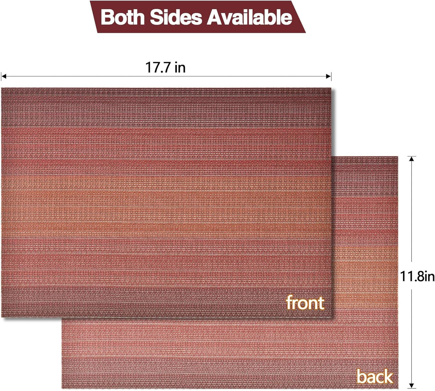 Placemats Set of 6 - Easy Clean Washable Vinyl Placemats - Wipeable Heat Resistant Table Mats for Dining Table - 17.7x11.8 Inch (6, Red Gradient)