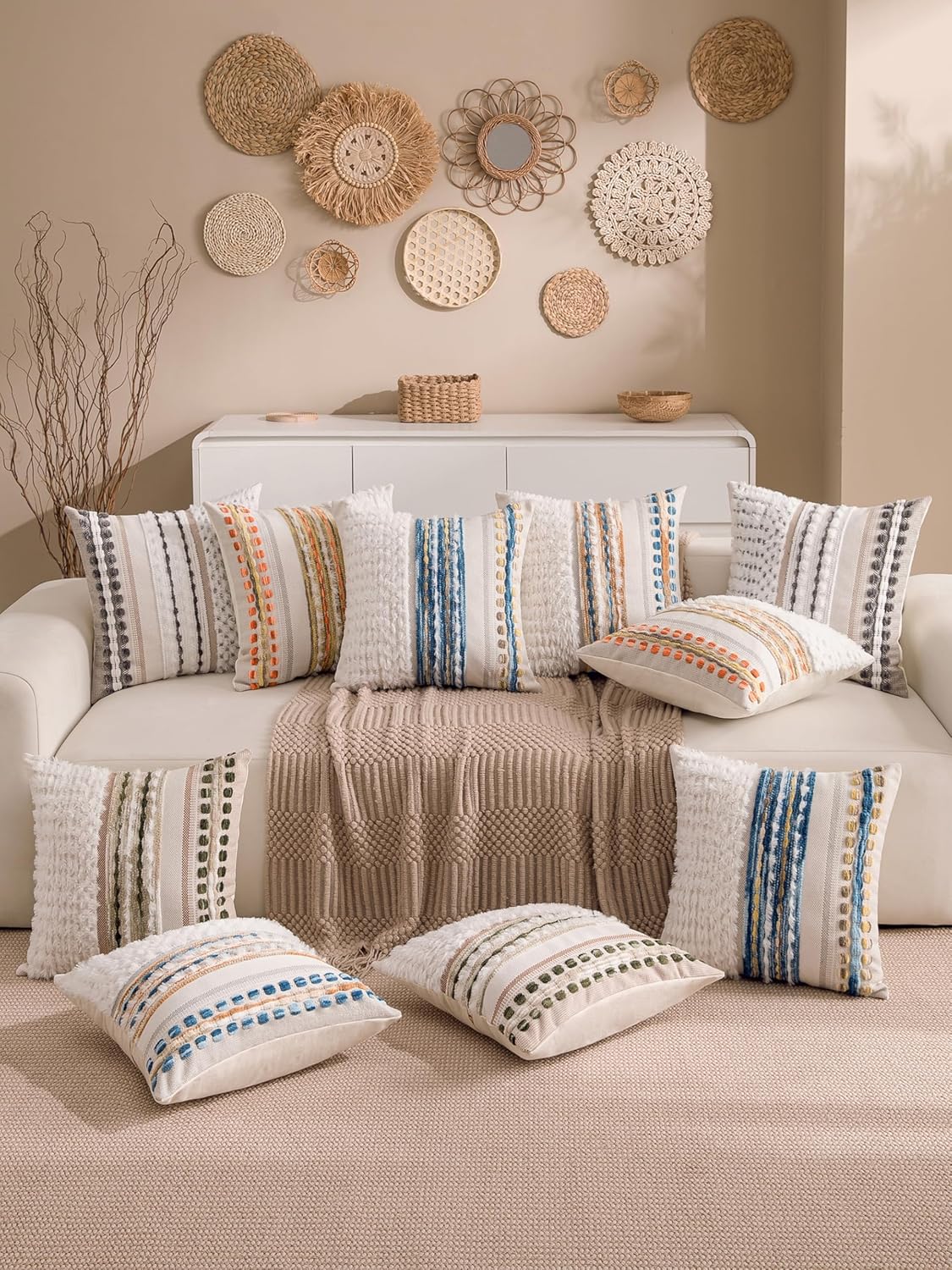 Boho Chenille Tufted Couch Throw Pillow Covers 18x18 Inch Set of 2 Farmhouse Striped Decorative Pillow Covers Accent Neutral Pillowcase Caramel Brown Blue Cushion Cover for Livingroom Sofa Bed