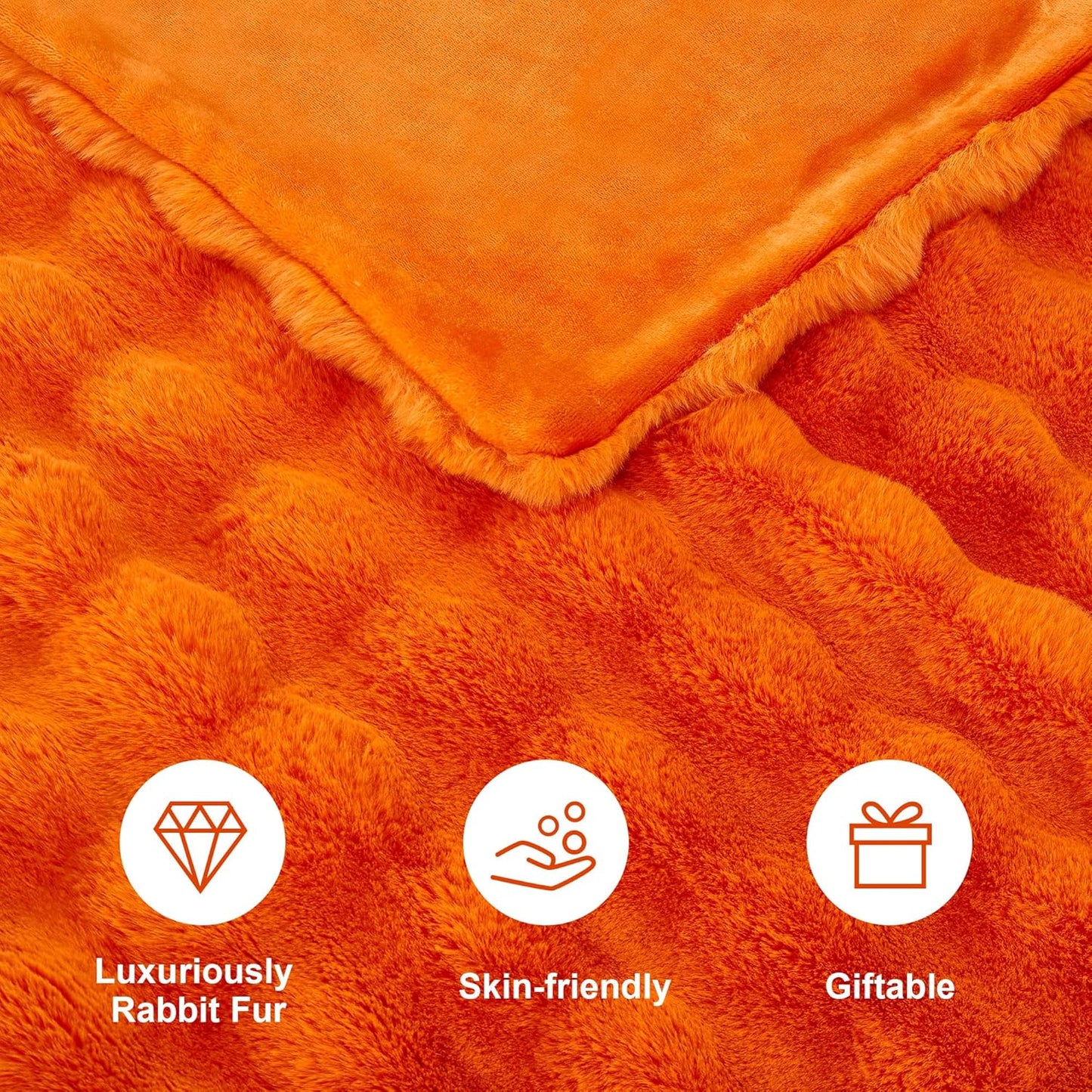 DREAMNINE Large Fuzzy Soft Fall Bubble Faux Rabbit Fur Blanket Queen Size 80" x 90", Luxury Big Autumn Plush Fluffy Blankets for Bed,Cute Lovely Cozy Thick Warm Furry Blanket for Winter,Pumpkin Orange
