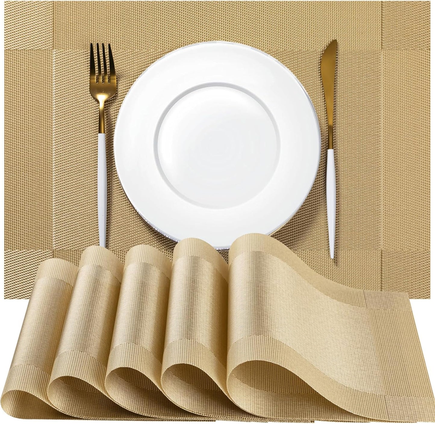 Placemats Set of 12 - Easy Clean Woven Vinyl Placemats for Dining Table, Indoor/Outdoor Place Mats, Washable PVC Table Mats（Gold Cube）