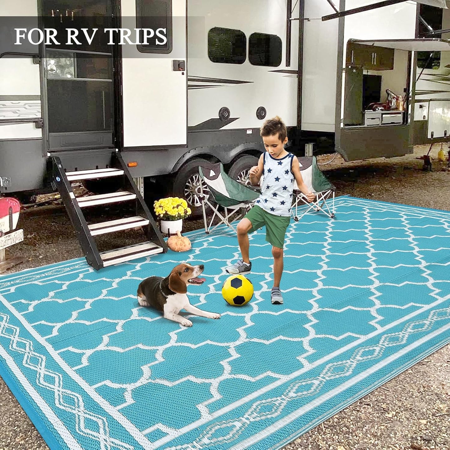 GAOMON Reversible Outdoor Rug 9'x18' Waterproof Plastic Straw Rug, Patio Rug, Large Modern Area Rug Carpet, Indoor Outdoor Rugs for Camping, Porch, Deck, Balcony, Backyard, Teal/White(Geometric)
