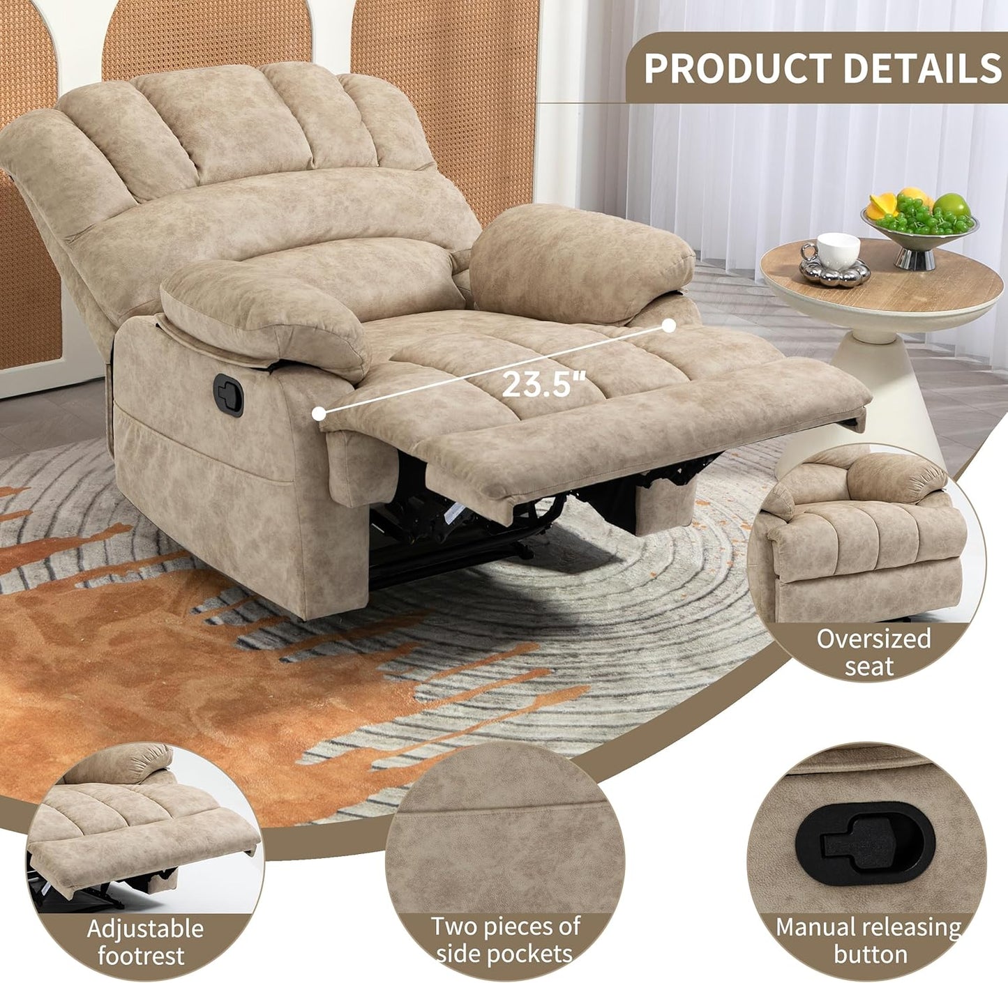 Luxlen Large Manual Recliner Chair,Soft Fabric Push Back Recliner with Overstuffed Armrest and Backrest, Living Room Single Sofa Recliners,Beige