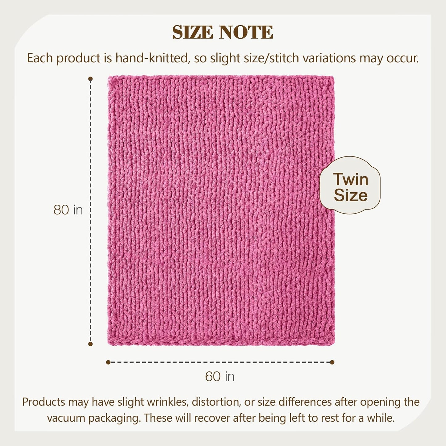 Carriediosa Chunky Knit Throw Blanket 60" X 80" Twin, 100% Hand Made Large Chenille Loop Yarn Soft Fluffy Throws for Couch Sofa Bed, Big Crochet Cozy Heavy Thick Cable Woven Blankets, Hot Pink