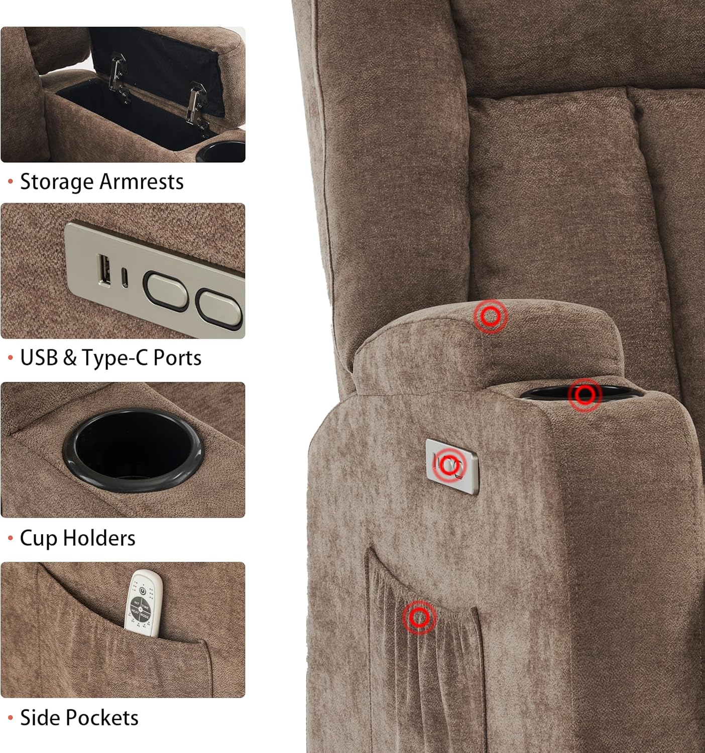 Power Lift Recliner Chair for Elderly with Massage and Heat, Reclining Sofa Chair with USB & Type-C Ports and Cup Holders, L1188(Brown)