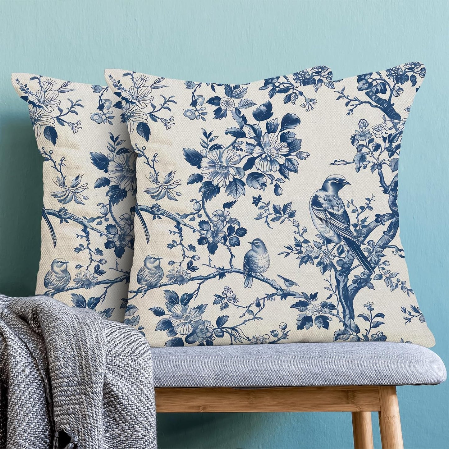 Navy Blue Spring Floral Pillow Covers 16 x 16 Inch Set of 2 for Vintage Chinoiserie Flowers Bird Decor Throw Pillows Plant Farmhouse Outdoor Decorative Cushion Cases for Couch Bed Decorations