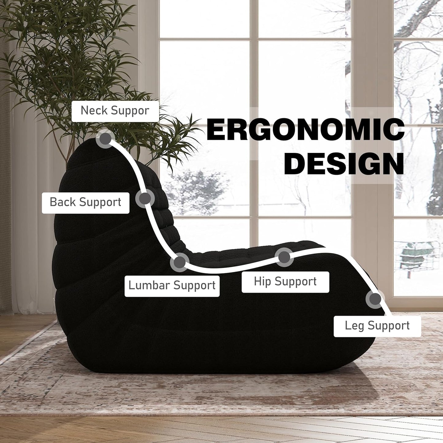 Bean Bag Chair, Loveseat Fireside Chair Bean Bag Sofa Large Bean Bag Chair for Adults, 2 Seater Bean Bag Chairs for Teens with High Density Comfortable Foam, Bean Bag for Living Room, Bedroom (Black)