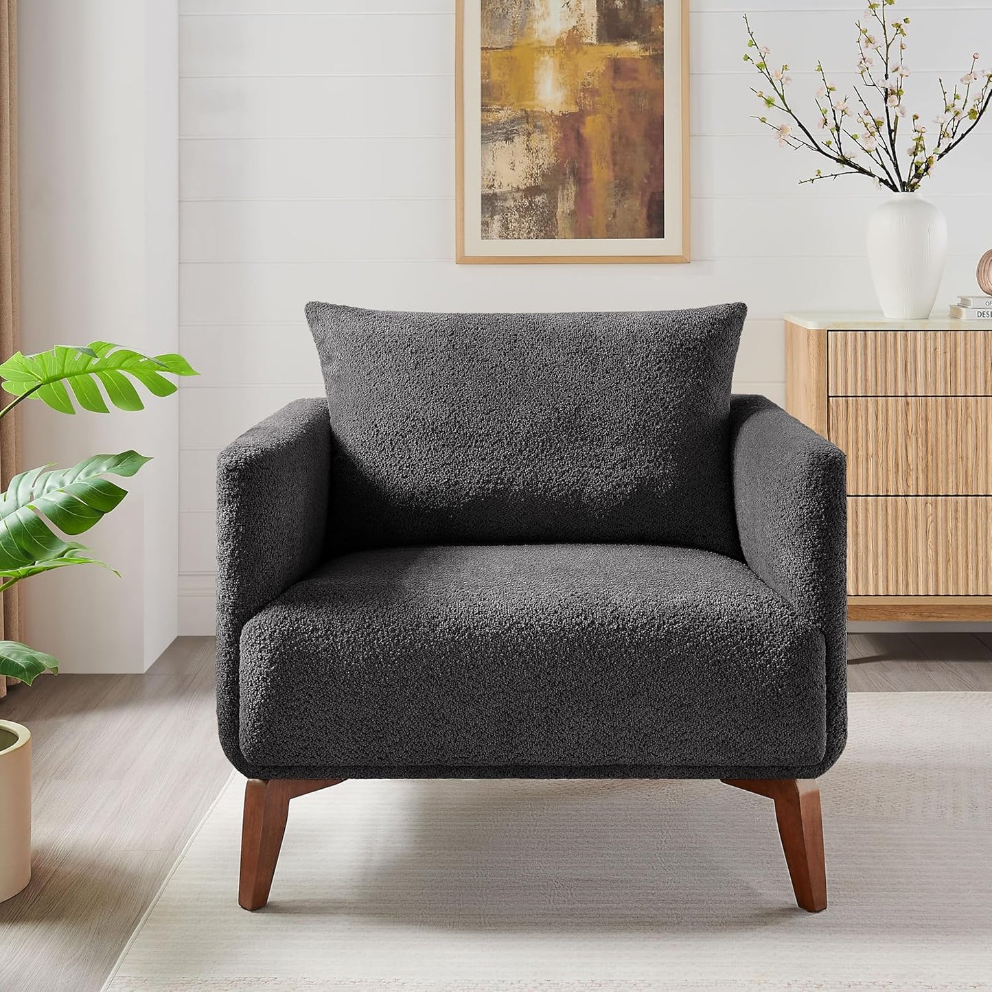 Oversized Accent Chair Modern Boucle Armchair for Living Room- 37" Wide Accent Chair with Solid Wood Legs, Dark Gray Upholstered Lounge Chair for Bedroom & Office, Cozy Reading Chair (Easy Assembly)