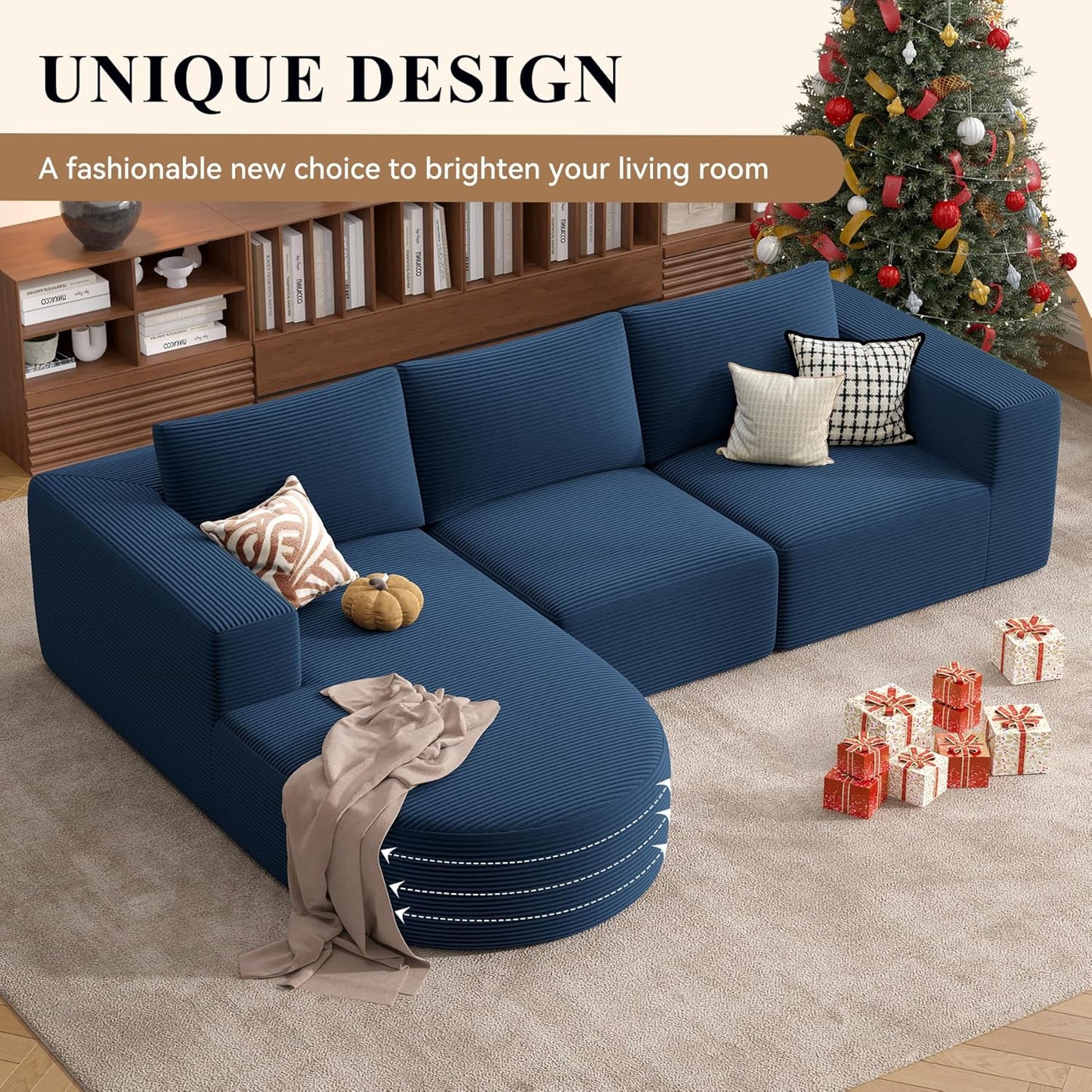 Modular Sectional Sofa with L-Shape Chaise,Cloud Sectional Modern Sleeper Couch with Deep Seat,Sponge Compression Sofas No Assembly Required (Blue-Corduroy Fabric) 1PCS
