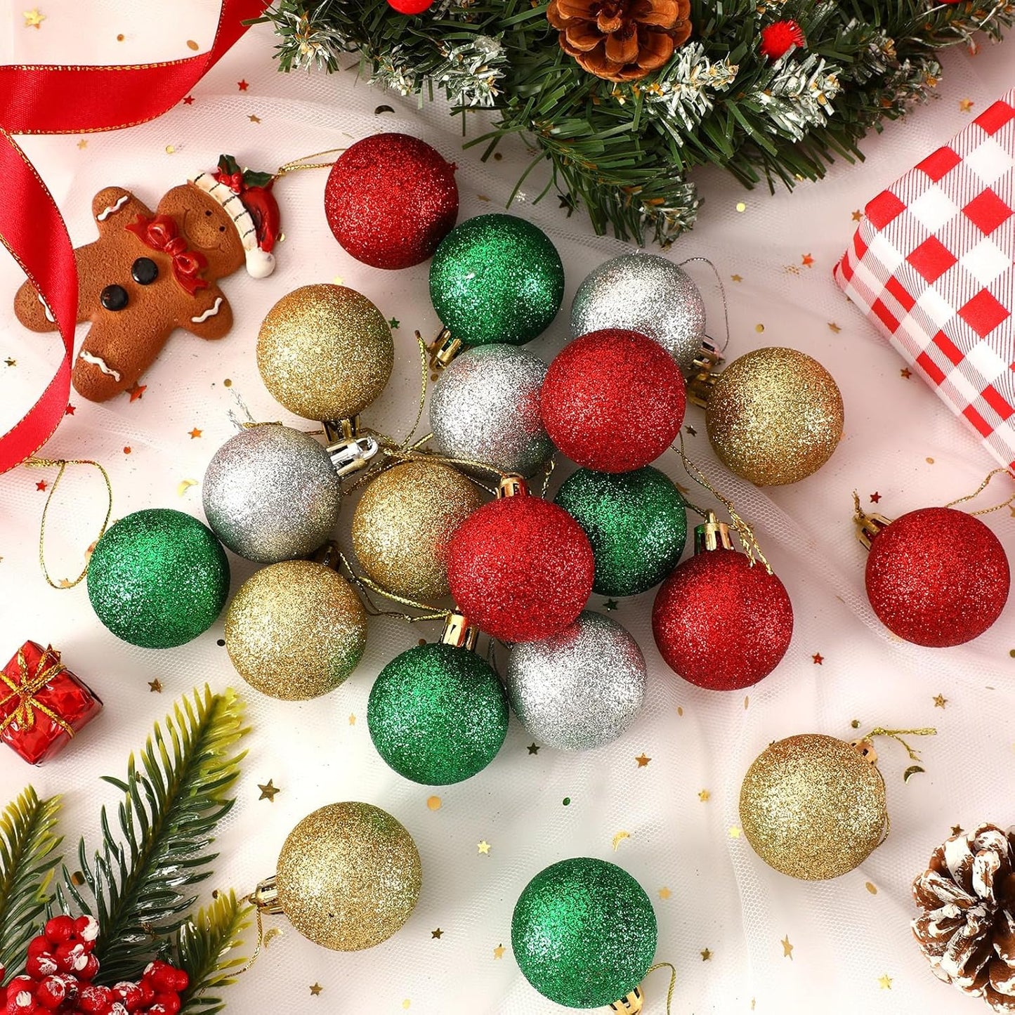 JULMELON 24PCS Christmas Ball Ornaments, Hanging Balls Shatterproof Decorations for Xmas Tree, Home Decor for Party, Holiday, Wedding, Anniversary, DIY Craft Decor Supplies (Glitter Surface)