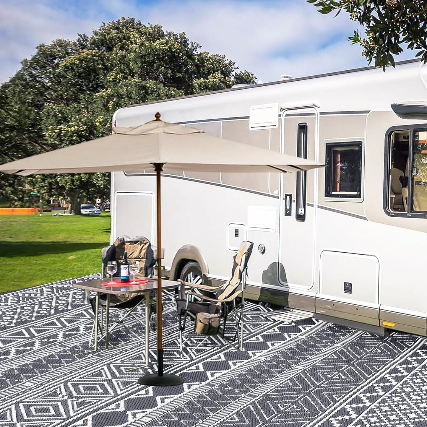 GAOMON Outdoor Rug 9'x12' Waterproof Rug for Patio Decor, Foldable Reversible Plastic Straw Area Rugs Mat for Camper, Outside Carpet for Deck, Porch, Picnic, Beach, Grey/White(Bohemia)