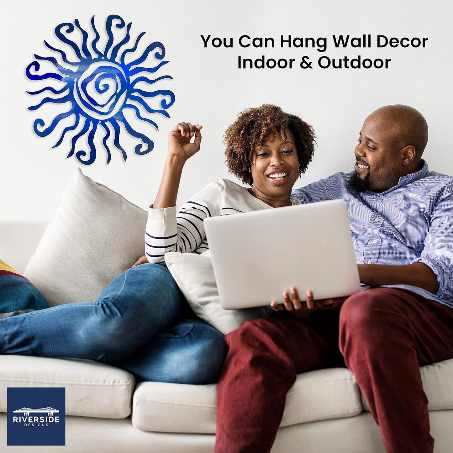 Riverside Designs Wacky Sun Metal Wall Art Indoor/Outdoor Decor - 36" Blue Rust Proof Wall Sculpture - Made in USA - Ideal for Bedroom, Garden, Home, Patio and Farmhouse