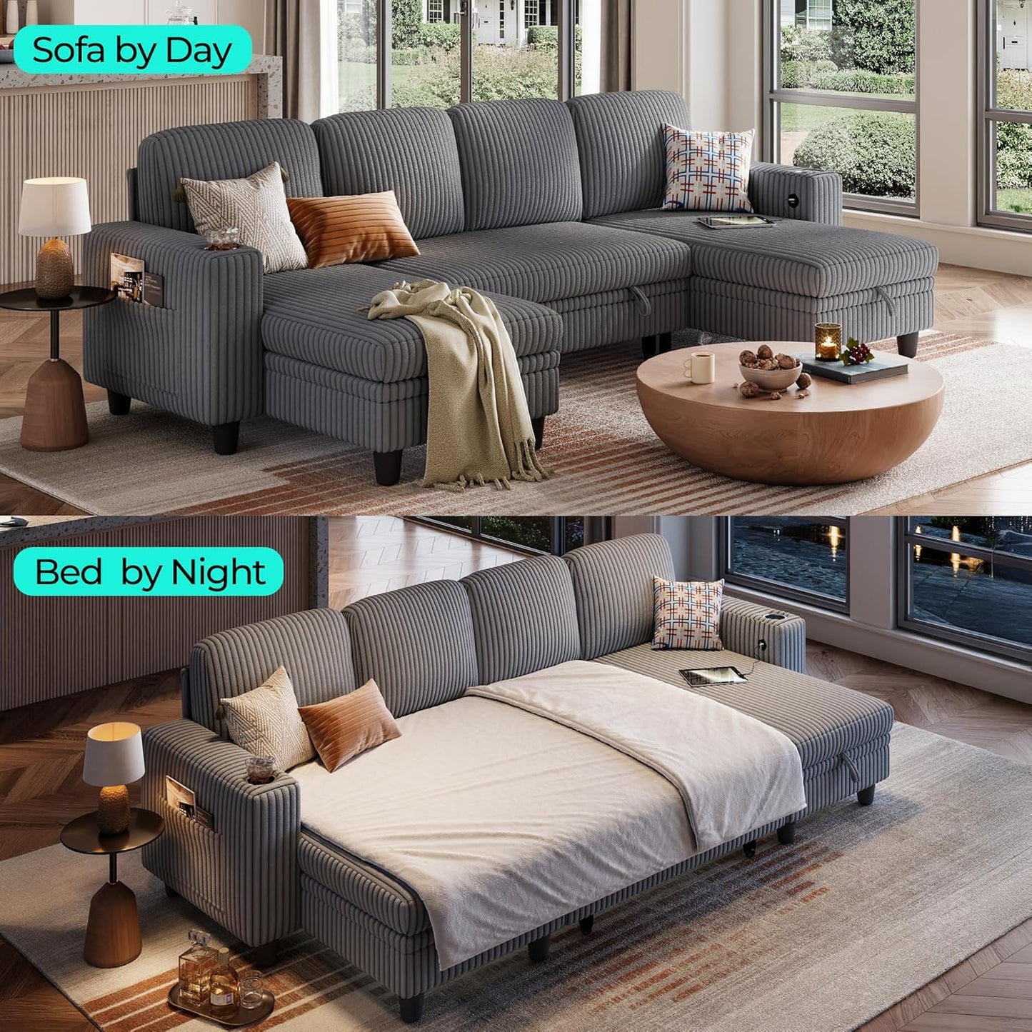 LINSY HOME Sectional Sleeper Sofa with Pull Out Couch Bed - Convertible Plush Corduroy Cloud Couch with Storage Chaise & USB Charging, Comfy U Shaped Modular Couches for Living Room, Grey