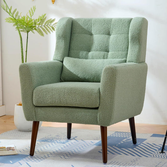 Modern Accent Chair, Upholstered Armchair with Pillow, Teddy Single Sofa Chair with Lounge Seat and Wood Legs Accent Chair for Living Room Bedroom Small Spaces