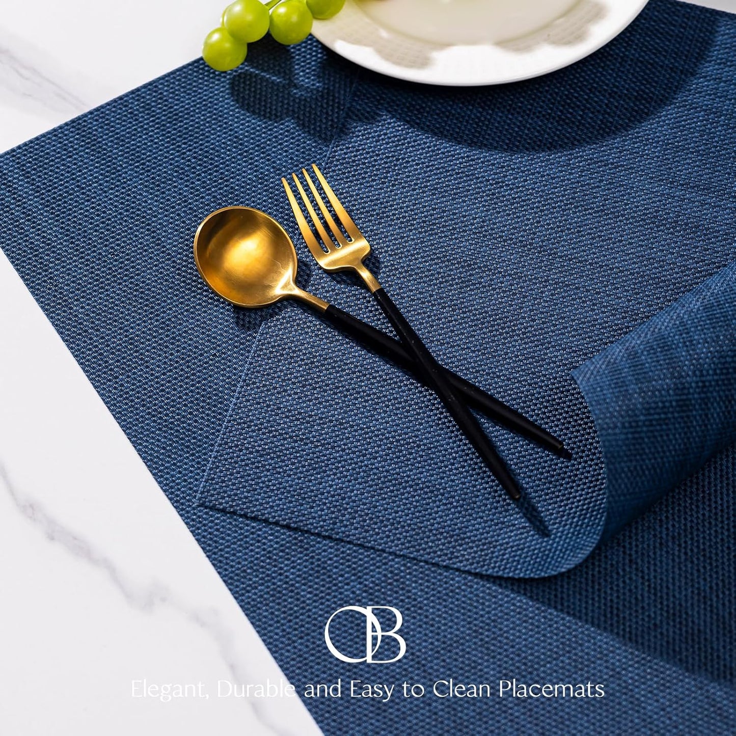 Placemats Set of 8 - Easy Clean Woven Vinyl Placemats for Dining Table, Indoor/Outdoor Place Mats, Washable PVC Table Mats（Navy Blue）