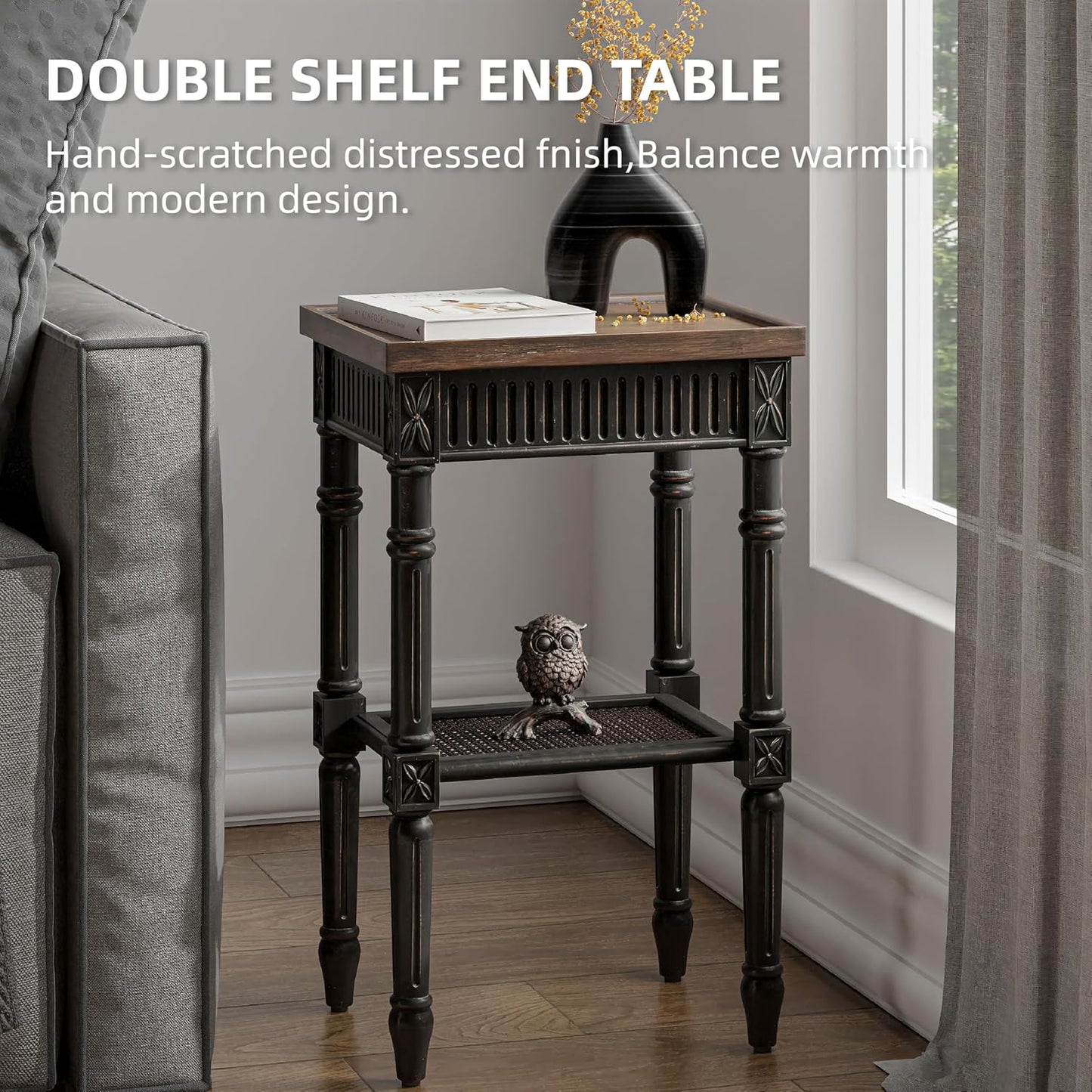 Rustic Farmhouse Cottagecore Accent End Table Set of 2, Distressed Accent Side Table with Espresso Tray Top and Woven Wicker Shelf, Boho, French Country Decor, Square, Weathered Brown & Black
