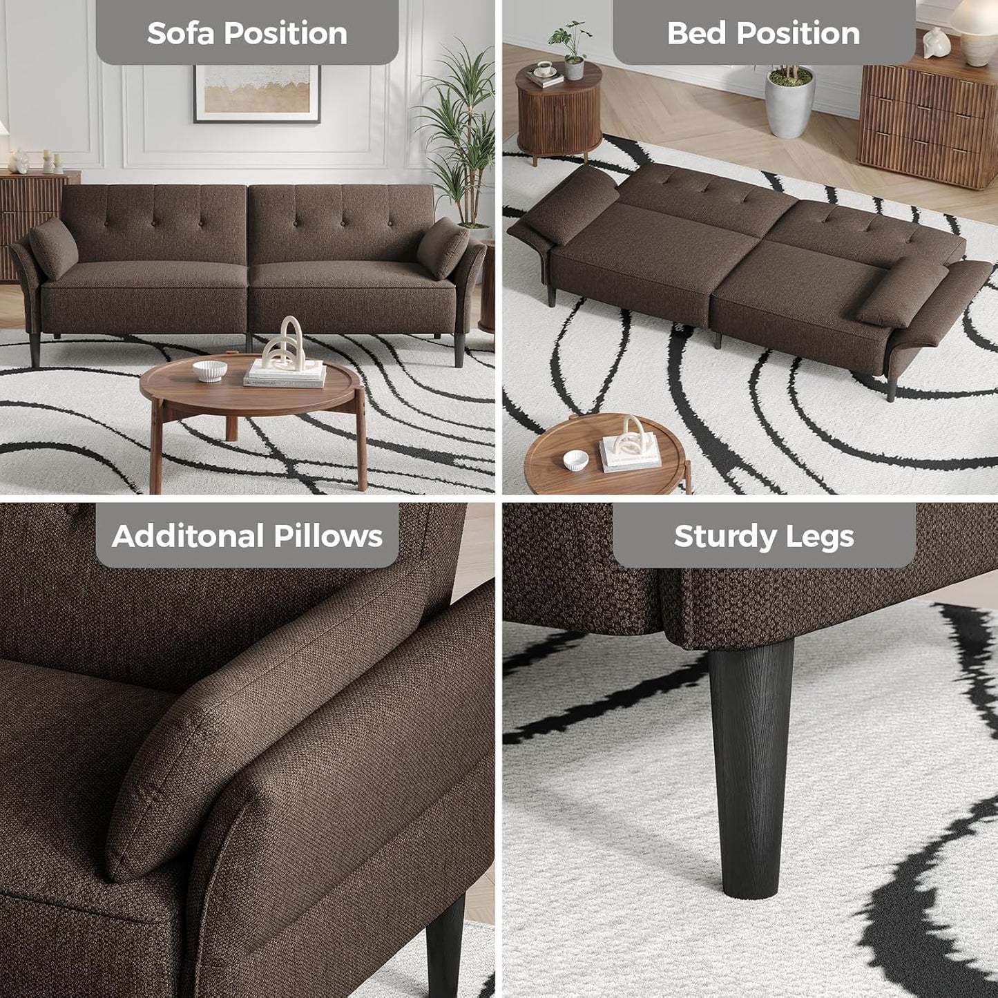 89” Futon Sofa Bed, Linen Comfy Futon Couch Bed with 2 Square Pillows, Convertible Sleeper Sofa with Adjustable Backrest& Armrests, Modern Loveseat Sleeper for Living Room, Bedroom, Brown