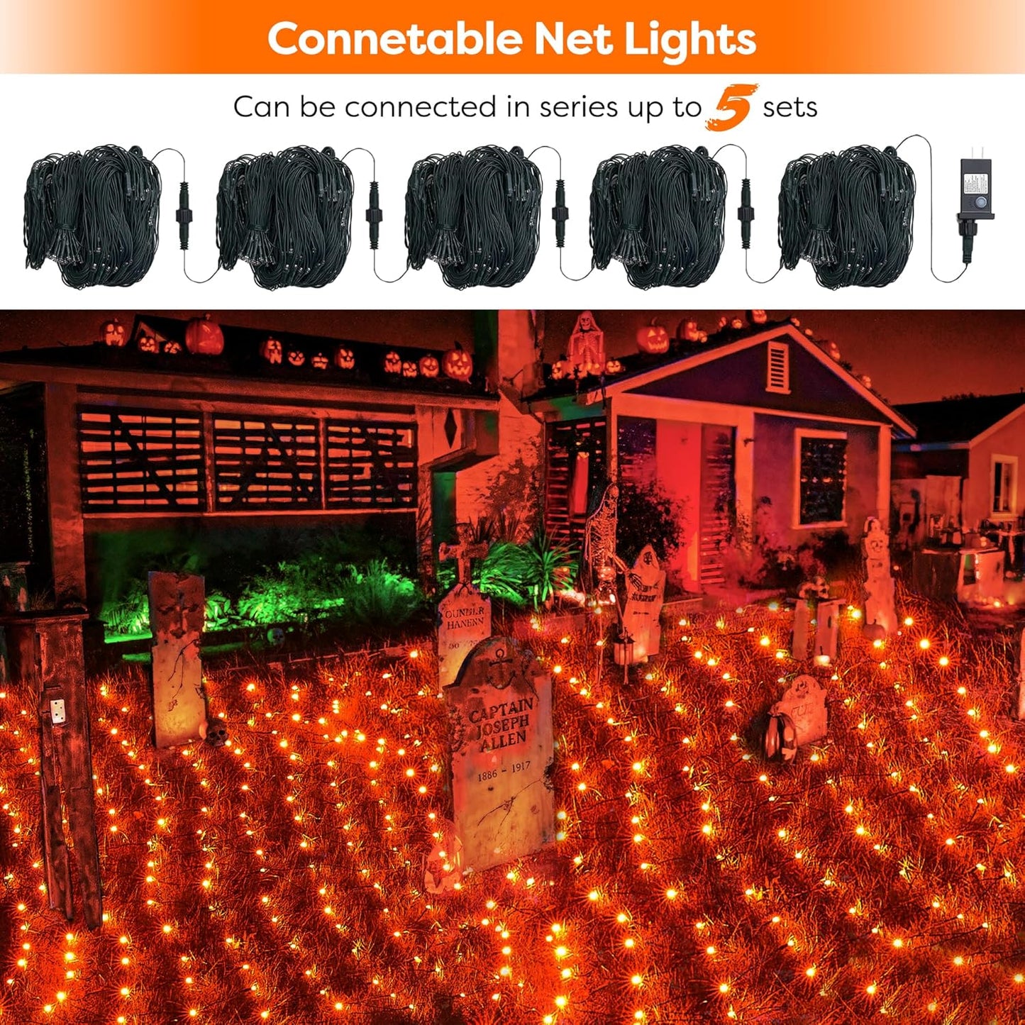WBao Halloween Lights Outdoor 200LED 8.4ft x 5.2ft Orange Net Lights with 8 Modes, Timer, UL Certified, Connectable, Waterproof & Dark Green Wire for Lawn, Bushes, Trees, Outdoor Halloween Decorations