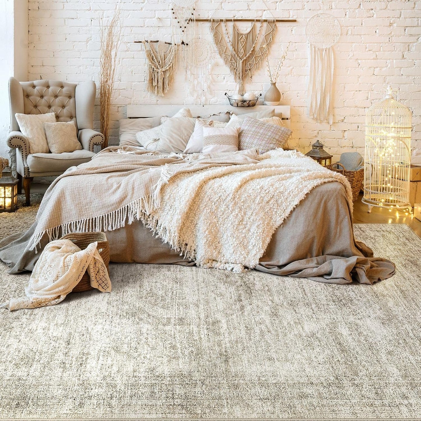 Washable Area Rugs for Living Room -6x9 Neutral Vintage Distressed Floral Farmhouse Boho Large Soft Floor Rug Indoor Non Slip Carpet for Living Room Bedroom Dining Room Office-Beige