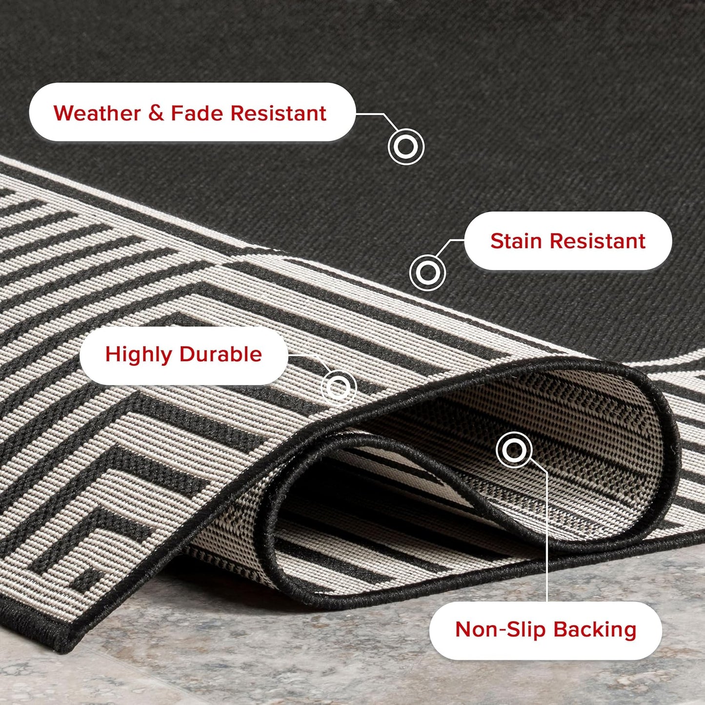 nuLOOM 9'6" x 12' Outdoor Area Rug, Casual Design With Striped Border, Stain Resistant, Highly Durable, For Patio, Balcony, Bedroom, Living Room, Dining Room, Bathroom, Black