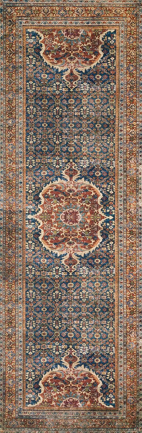 Loloi Layla Collection LAY-09 Cobalt Blue/Spice 2'-6" x 7'-6" .13" Thick Runner Rug, Soft, Durable, Vintage Inspired, Distressed, Low Pile, Non-Shedding, Easy Clean, Printed, Living Room Rug