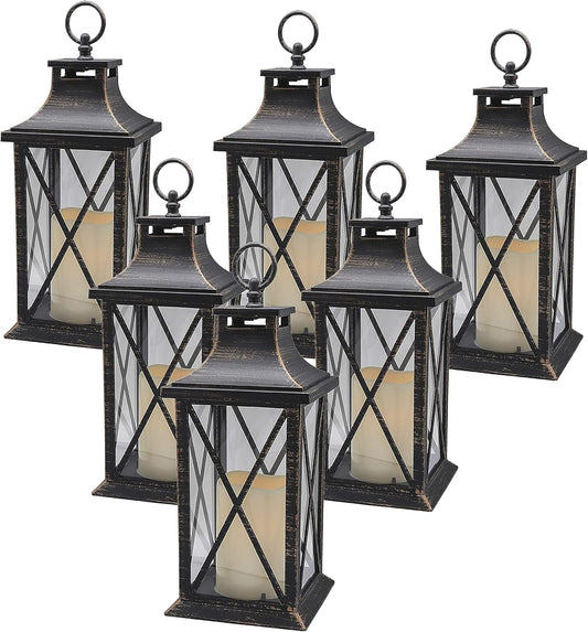 YAKii 14" Decorative Candle Lantern LED Flameless Candle Timer, Plastic LED Candle & Holder, Indoor & Outdoor Hanging Lights,Christmas Day Decoration Pack of 6 (Antique Copper Brushed)