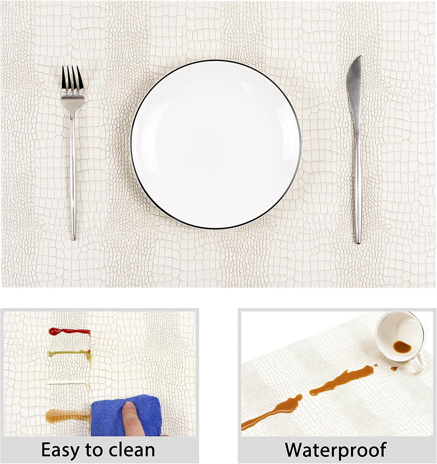 Faux Leather Hardboard Placemats, Set of 6 PU Table Mats, Easy to Clean, Heat & Stain Resistant for Office Conference Table, Dining Home Decor, White