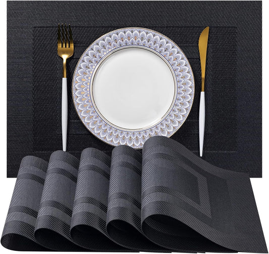 LEXMORE Placemats Set of 8 Vinyl/Plastic Woven Place Mats for Kitchen Table Indoor/Outdoor Washable Placemat Wipeable Dining Table Mats(G-Black Cube)