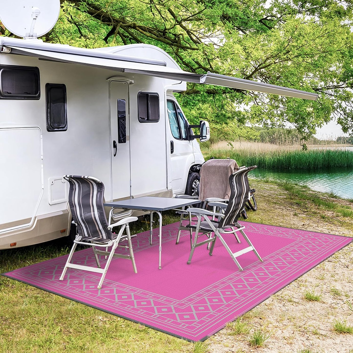 GENIMO Outdoor Rug Waterproof 6'x9' for Patio, Foldable Reversible Plastic Straw Carpet for Travel Trailers, Outside Area Mat for Rv, Deck, Picnic, Porch, Camper, Balcony, Beach, Pink & Grey