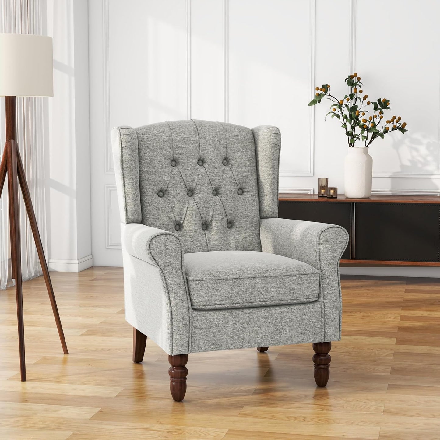 UIXE High Back Accent Chair, Upholstered Armchair in Fabric, Retro Wingback Arm Chair for Living Room, Comfy Single Sofa Bedroom Reading Seat with Solid Wood Legs - Light Gray