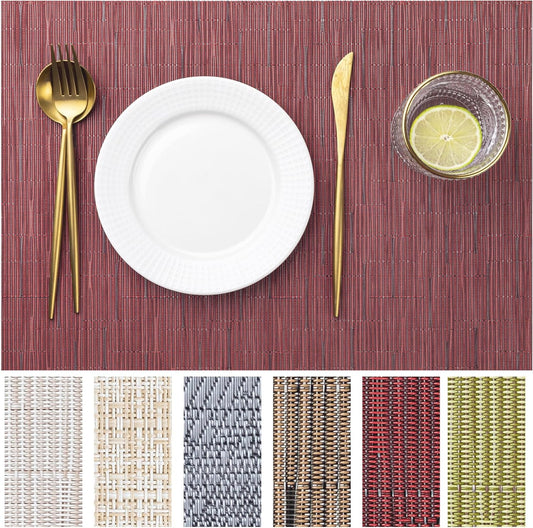 LEXMORE Placemats Set of 12 Vinyl/Plastic Woven Place Mats for Kitchen Table Indoor/Outdoor Washable Placemat Wipeable Dining Table Mats(Burgundy)