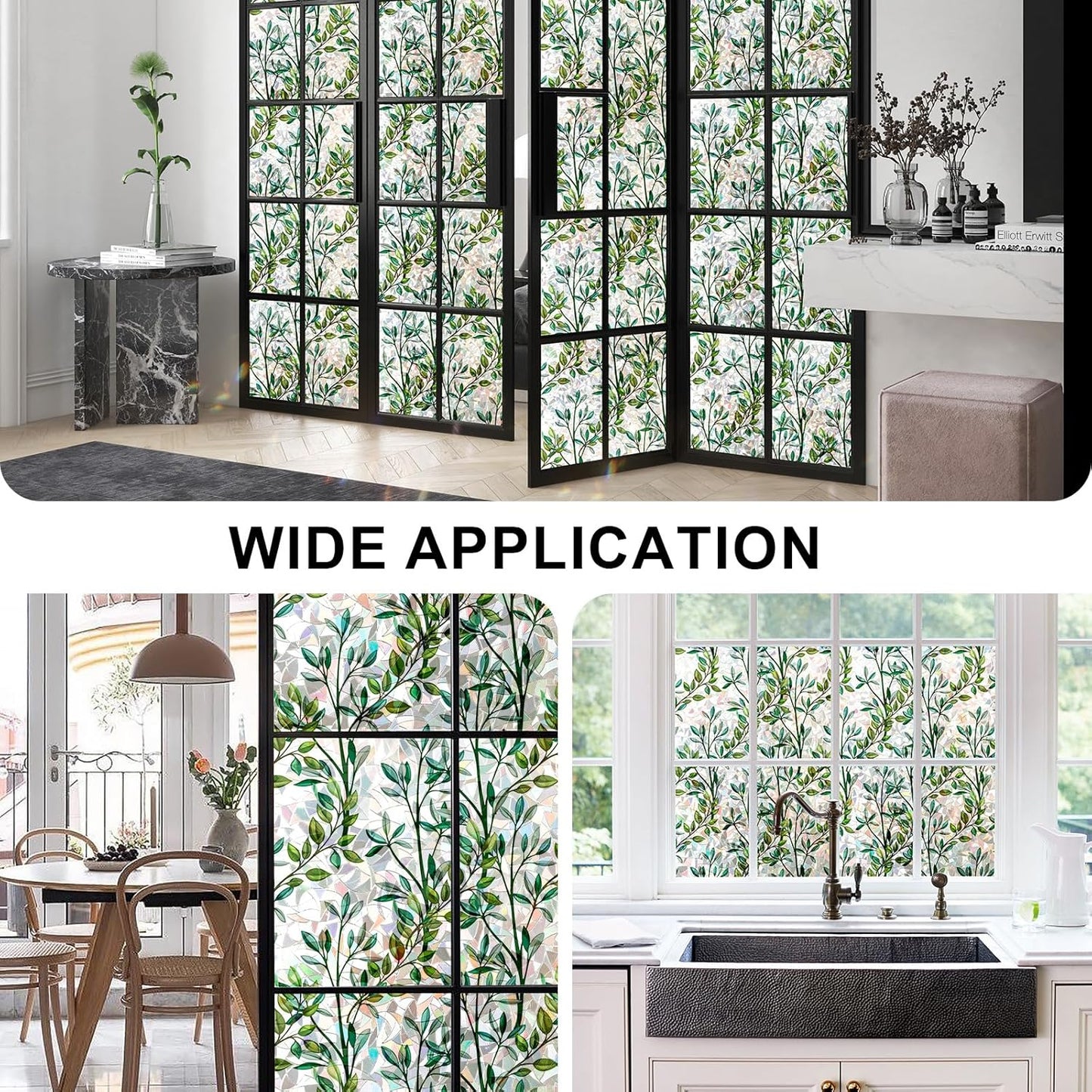 Rainbow Window Privacy Film 3D Leaf Decorative Stained Glass Window Film Anti UV Non-Adhesive Reusable 17.5" x 157.4" for Home Room Car Glass Cling