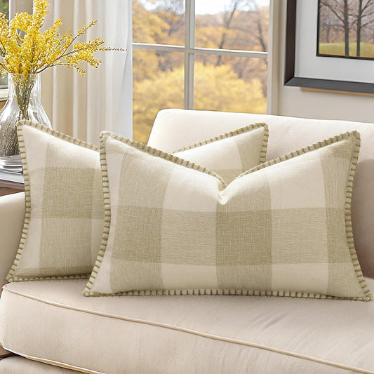 decorUhome Buffalo Plaid Check Fall Throw Pillow Covers 12x20 Set of 2, Outdoor Lumbar Decorative Farmhouse Pillow Covers with Stitched Edge for Bed Couch Sofa, Cream White and Beige