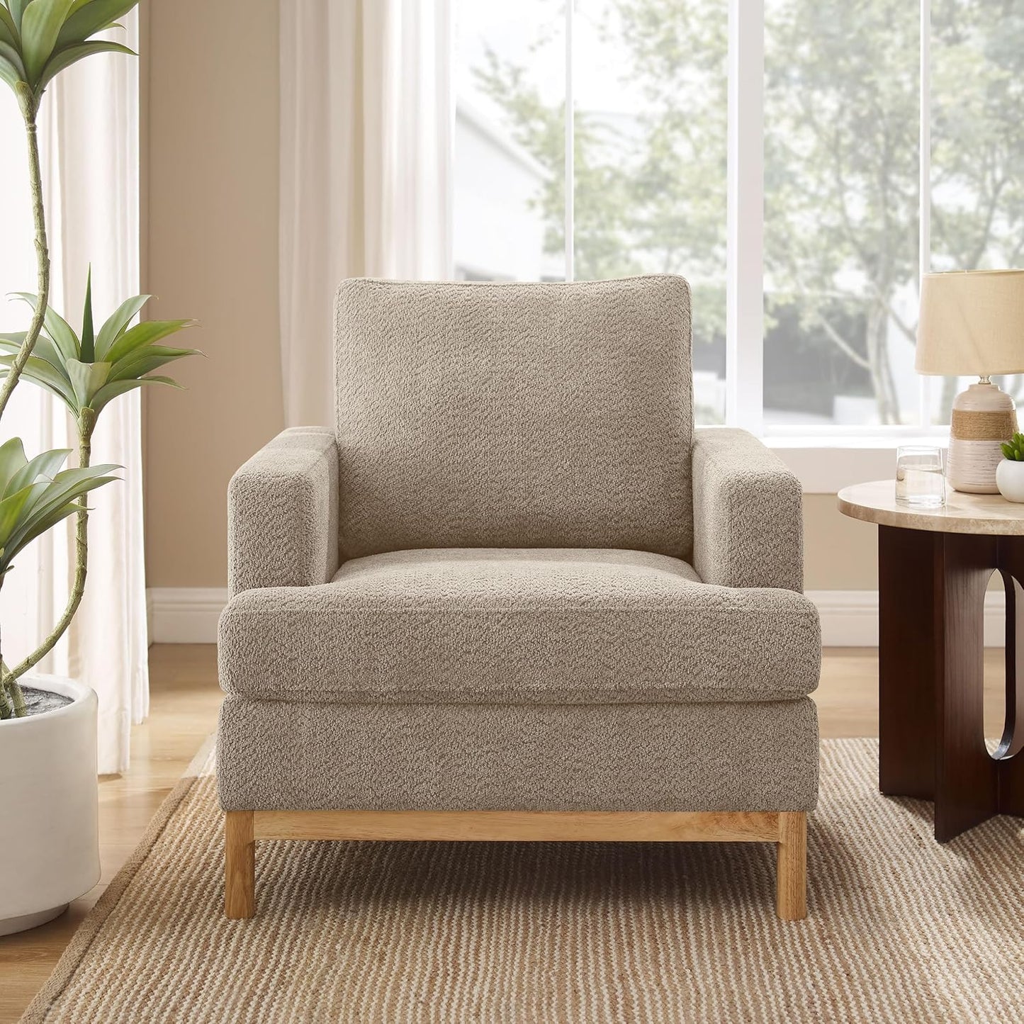 Oversized Accent Chair, Mid Century Modern Upholstered Armchair for Living Room, Comfy Chair for Bedroom Reading Chair, Single Sofa for Small Space with Rubberwood Base