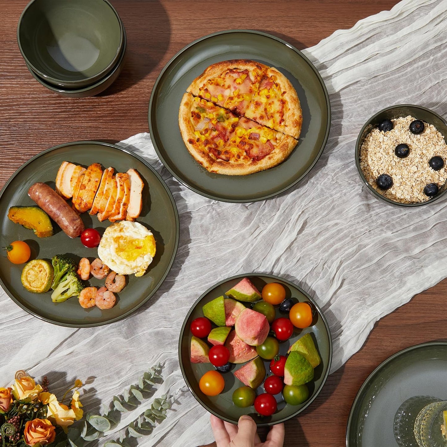 16 Piece Double Bowl Dinnerware Sets with Pasta Bowls, Highly Chip and Crack Resistant Plates and Bowls Sets, Natural Earthyware Ceramic Dishware Sets, Service for 4 Blackish Green