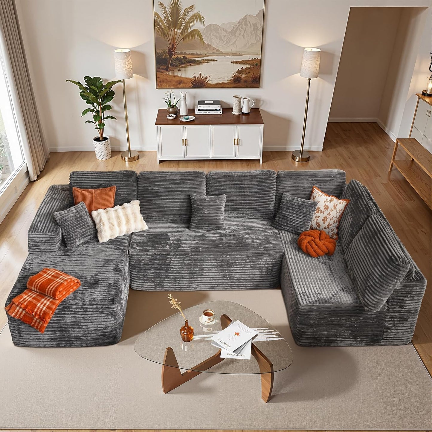 Cloud Sectional Couches for Living Room,U Shaped Modular Sofas No Assembly,133x68 Inches Plush Corduroy Oversized Floor Couch Set with Deep Seat Chaise,Grey