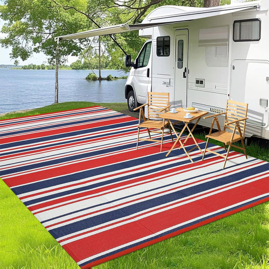 Outdoor Plastic Straw Rug 9x18 Waterproof Outside Rug, Large Modern Striped Reversible Floor Mats, Foldable & Lightweight Camping Carpet for Patio, Porch, Deck, Backyard, Balcony, Red Blue White