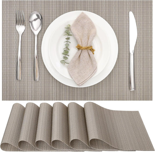 Myir JUN Placemats Set of 6, Vinyl Woven Placemats Place Mats Indoor Washable Table Mats Non-Slip Place mats for Dining Table (Golden Silver, Set of 6)