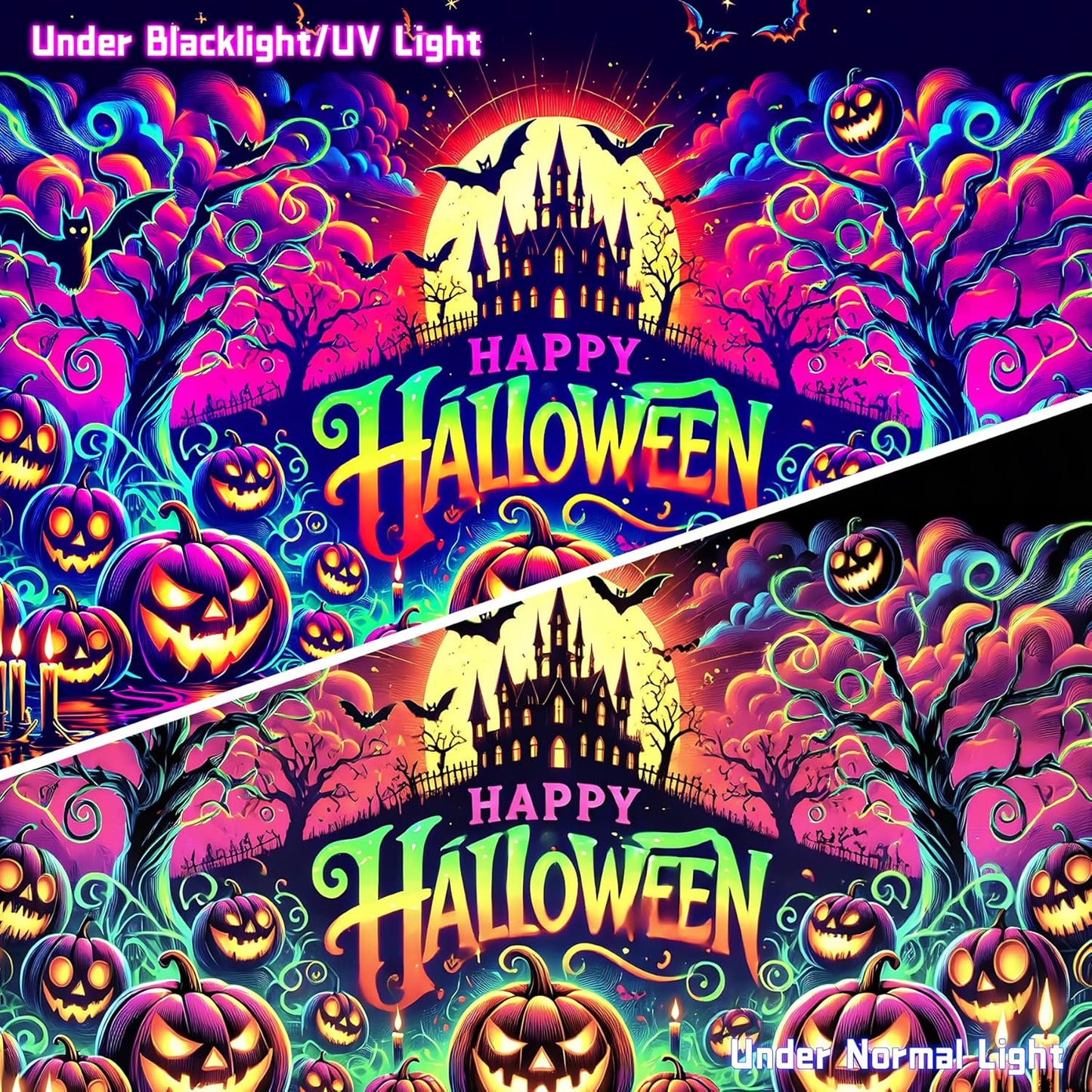 AOHMPT Glow-in-the-Dark Halloween Tapestry - UV Reactive Black Light Wall Hanging Decor for Spooky Parties, Bedroom, Living Room (Pumpkin-Castle, 79L x 59W, Unframed)