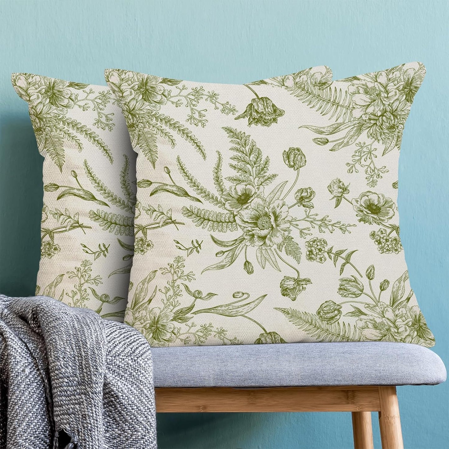 CXMEIFLY Sage Green Floral Leaves Chinoiserie Decorative Throw Pillow Covers Set of 2, 18x18 Inch, Perfect for Living Room, Bedroom, Outdoor Gardens