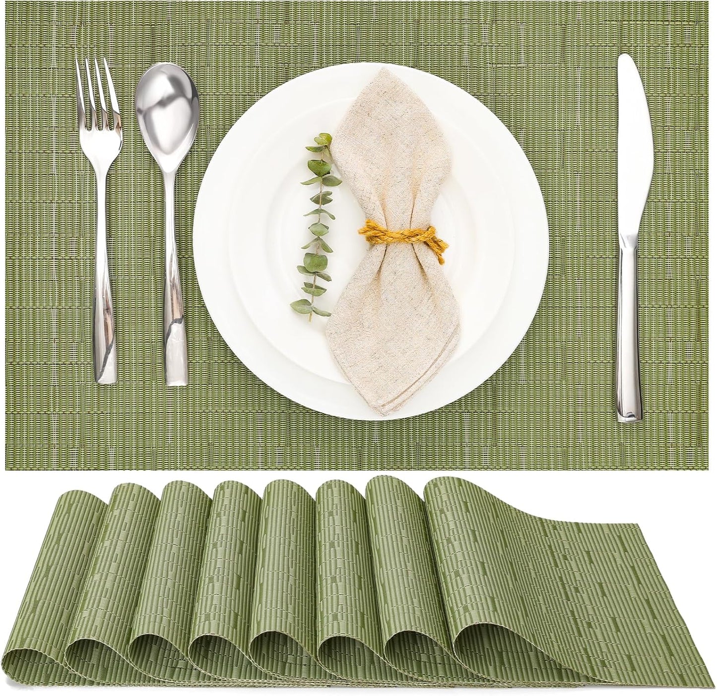 Myir JUN Placemats Set of 8, Vinyl Woven Placemats Place Mats Indoor Set of 8 Washable Table Mats Non-Slip Place mats for Dining Table (Green, Set of 8)