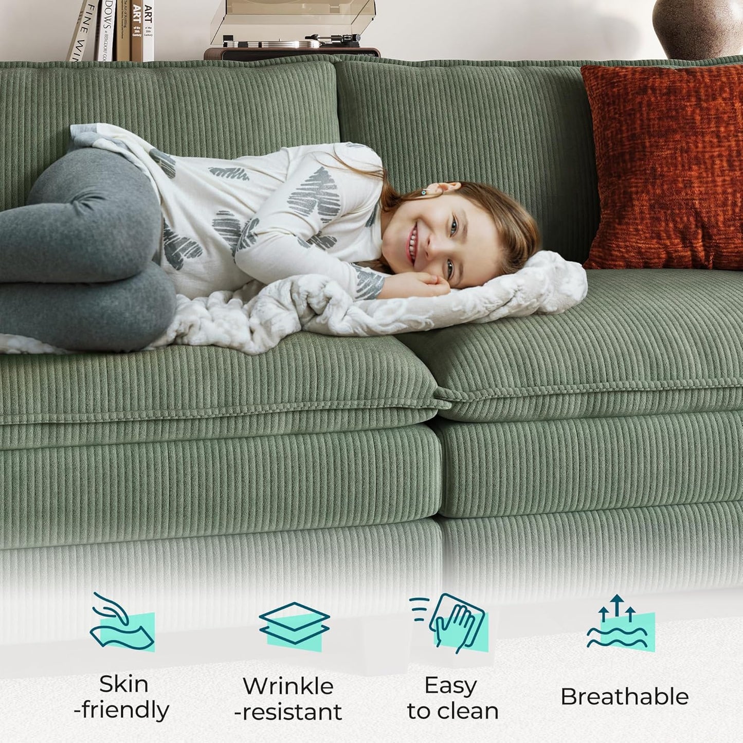 LINSY HOME Modular Sectional Sofa - 157'' Sleeper Sofa Cloud Couch Oversized Corduroy Sofa Bed with Movable Ottoman Soft Modern Comfy Couch for Living Room Apartment Office, Green