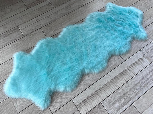 LAMBZY Faux Sheepskin Super Soft Hypoallergenic Free Shape Silky Shag Rug, Luxury Shaggy Plush Carpet for Bedrooms Living Kids Room Sofa Rugs (Blue, Double 2'x6')