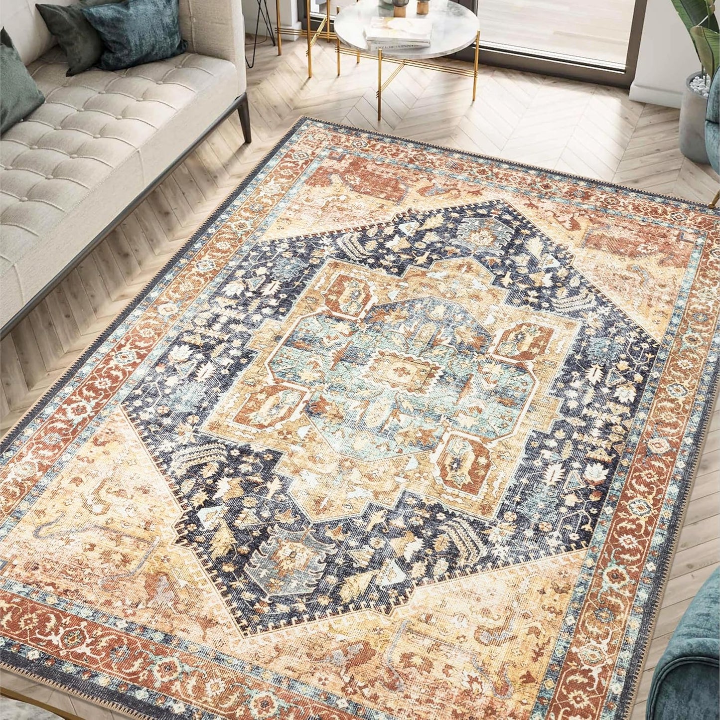 Keen Home Design 4x6 Rug - Machine Washable Area Rug with Non-Slip Backing, Ideal for Living Room, Dining Room, Bedroom - Vintage, Easy Clean, Durable, Low Pile Rug - (4' x 6')