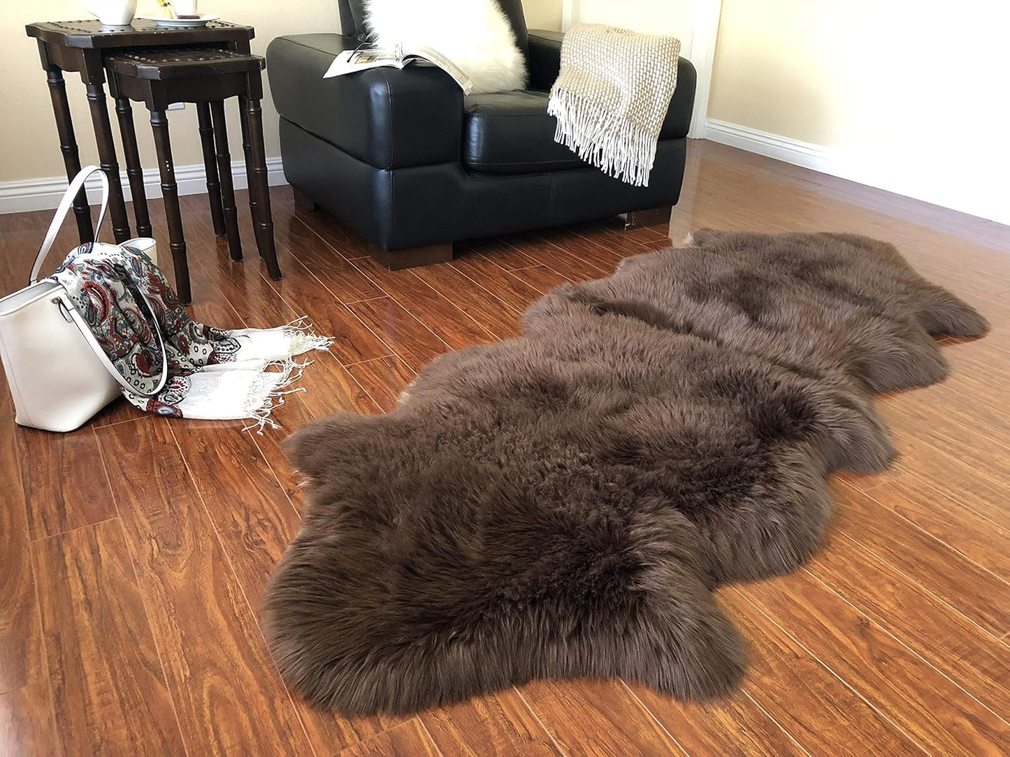LAMBZY Faux Sheepskin Soft Hypoallergenic Free Shape Silky Shag Rug, Luxury Shaggy Silky Plush Carpet for Bedrooms Rugs Living Room Kids Rooms Sofa Floor Rugs (Double 2'x6', 60x180cm Brown)