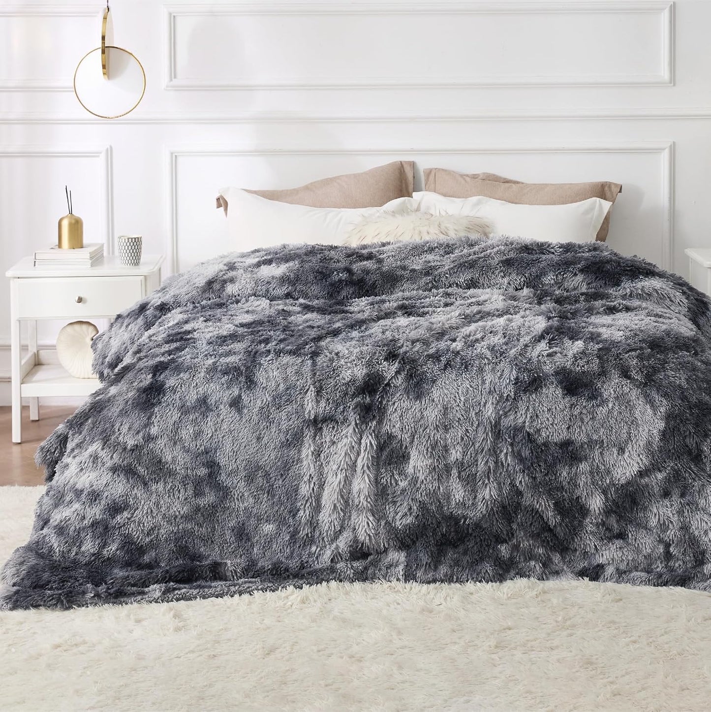 Bedsure GentleSoft Fluffy Sherpa Fleece Faux Fur Blankets Queen Size for Bed, Bedroom Decor Winter Thick Warm Full Queen Blankets, Fuzzy Plush Soft Heavy Mink Tie Dye Grey Bedding Cozy Gifts, 90x90