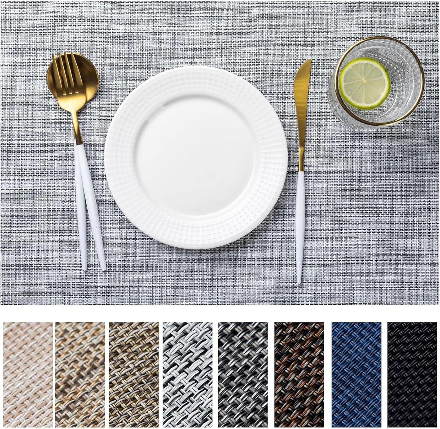 LEXMORE Placemats Set of 4 Vinyl/Plastic Woven Place Mats for Kitchen Table Indoor/Outdoor Washable Placemat Wipeable Dining Table Mats(Gray)