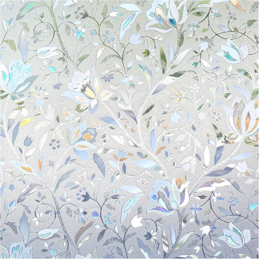 DOWELL Window Privacy Film, 3D Stained Glass Rainbow Films, Decorative Window Vinyl Sun Blocker Door Covering, Static Cling Non-Adhesive Glass Sticker for Home, Blooming Flowers, 35.4"x78.5"