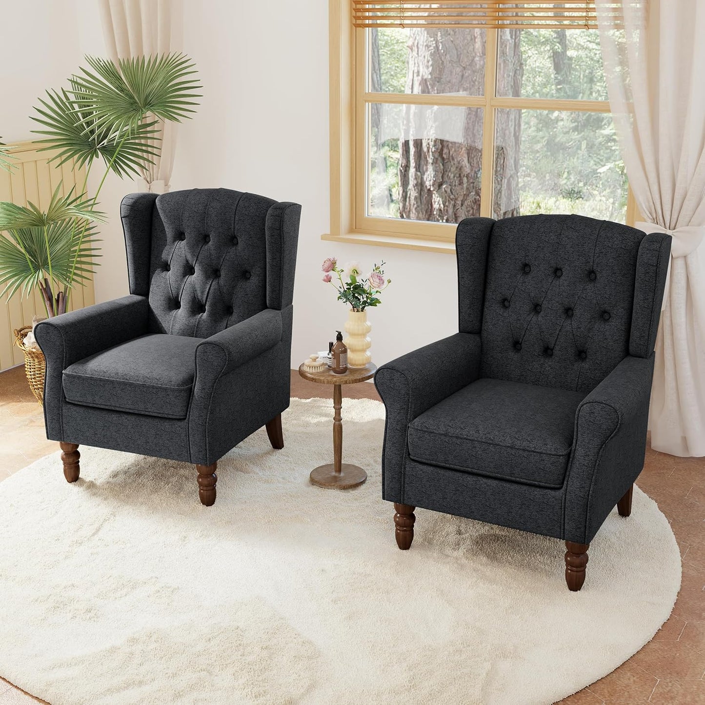 Lumibee High Back Accent Chair Set of 2,Upholstered Wingback Armchair with Solid Wood Legs for Small Spaces,Comfy Single Sofa Chair for Living Room,Bedroom,Office-Black Blue