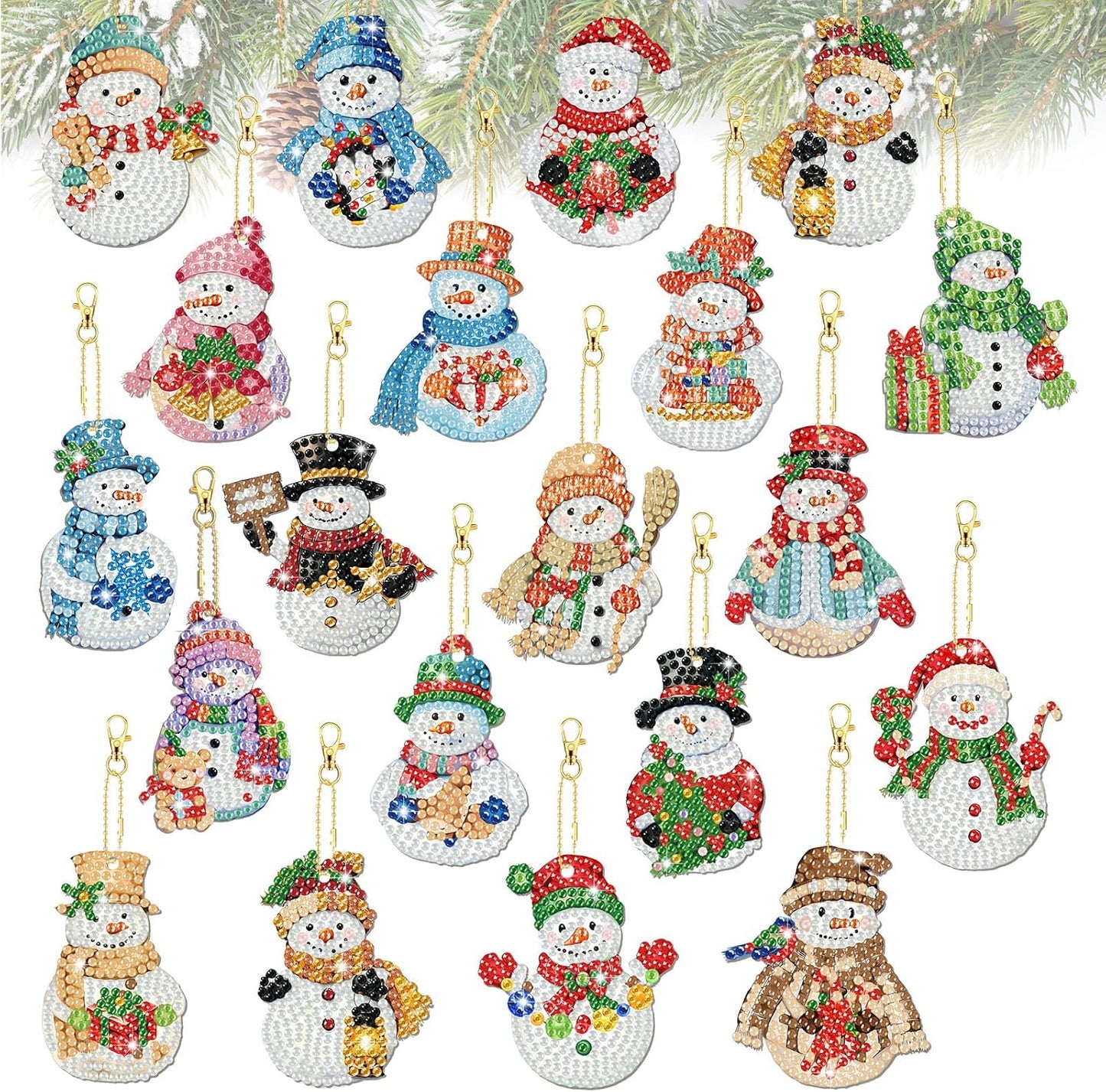 Tondiamo 20 Pcs Christmas Diamond Painting Keychain Kits 5D DIY Diamond Art Pendants Double Sided Hanging Key Chains for Christmas Party Decoration DIY (Snowman)